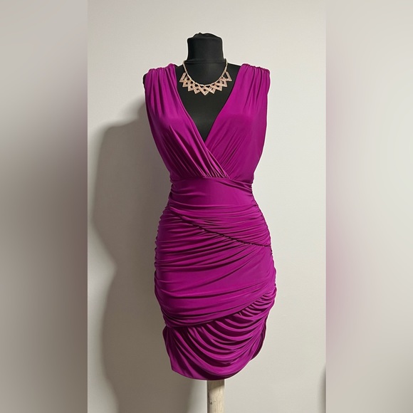 Flattering Ruched, Stretchy Purple Dress - Picture 2 of 2